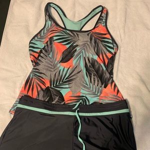 Blue and Coral Leaves Tankini swimsuit